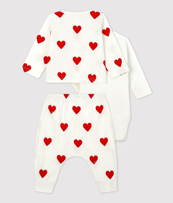 Completo 3 pezzi bebè in cotone biologico a cuori bianco MARSHMALLOW/rosso TERKUIT
