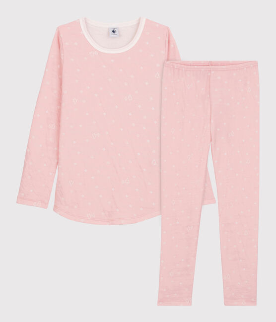 Pigiama jacquard bambina fantasia fiocchi di neve in lana e cotone rosa CHARME/bianco MARSHMALLOW