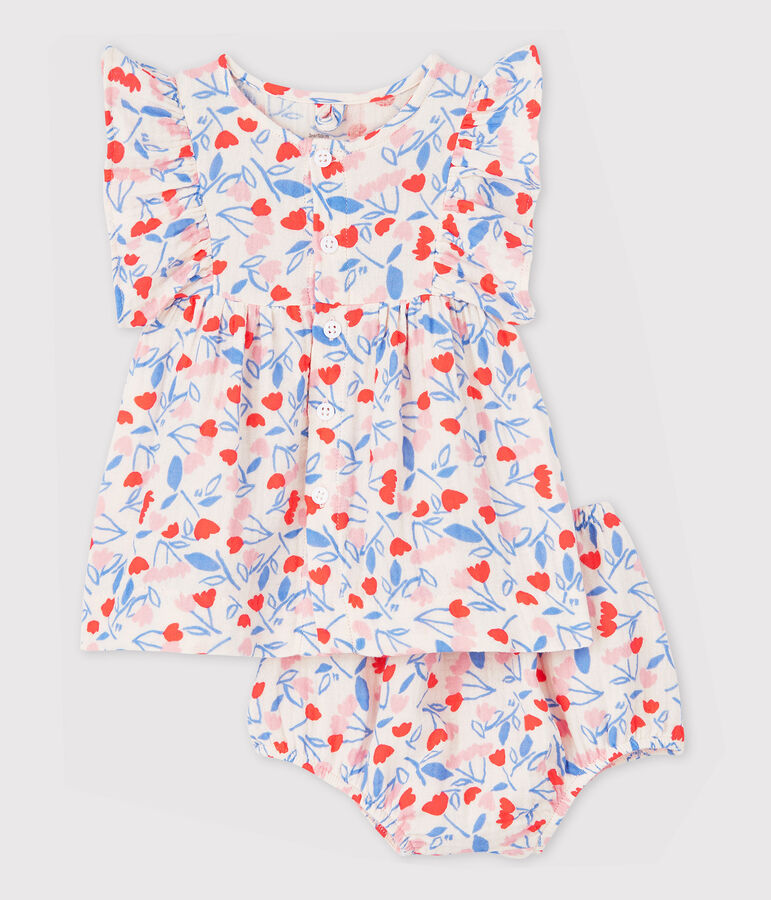 Abito senza maniche a fiori con bloomer beb&egrave; femmina in tessuto goffrato di cotone biologico rosa/multicolore