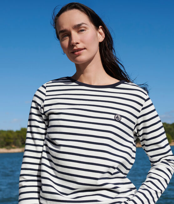 Marinière a maniche lunghe in cotone donna bianco MARSHMALLOW/blu SMOKING