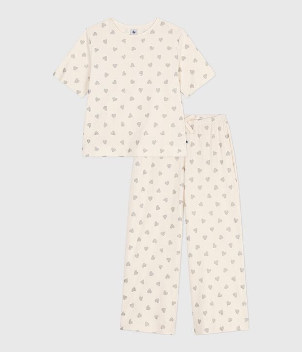 Pigiama donna in cotone a maniche corte e gamba ampia con stampa a cuori ecru/grigio