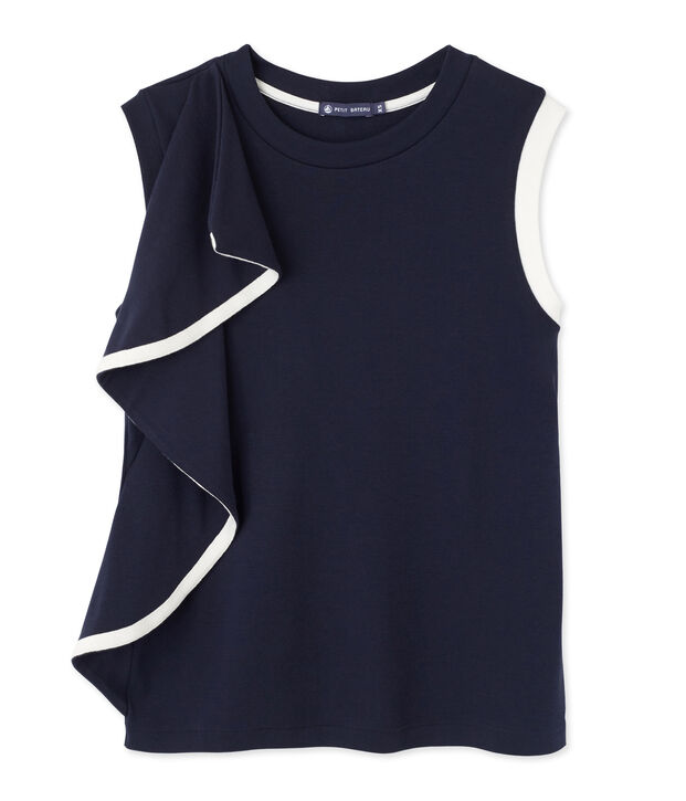 Top femme sans manches &agrave; volant blu