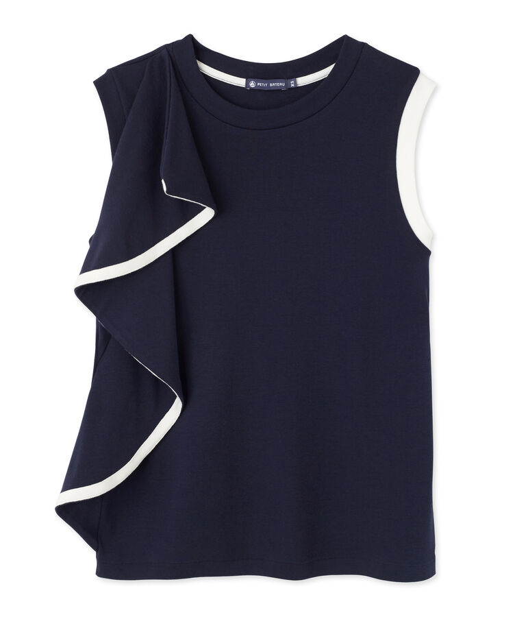 Top femme sans manches &agrave; volant blu SMOKING