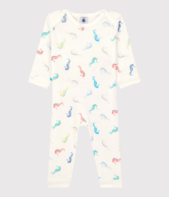 Tutina pigiama senza automatici cavalluccio marino bebè in cotone bianco MARSHMALLOW/bianco MULTICO