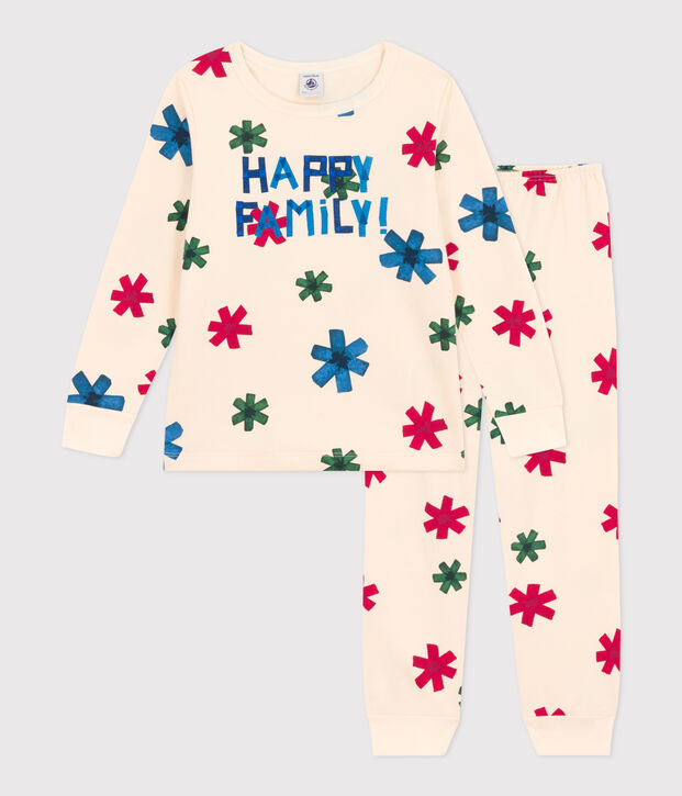 Pigiama bambino unisex in tessuto felpato motivo stella ecru/multicolore