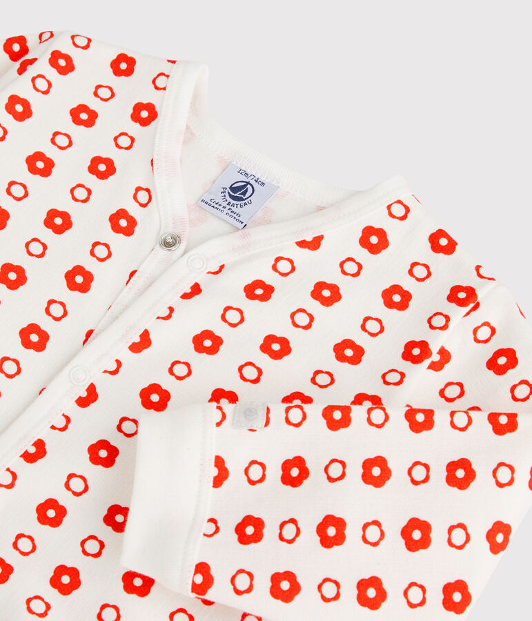 Tutina pigiama beb&egrave; a fiori in molleton di cotone biologico bianco MARSHMALLOW/ SPICY