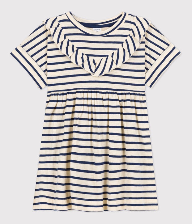 Abito a maniche corte in cotone a righe bambina ecru/blu