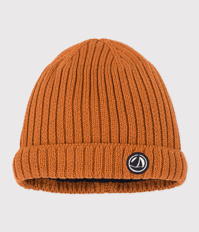 Berretto beb&egrave; in maglia foderato in pile marrone