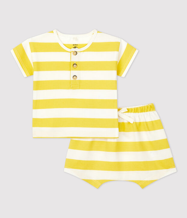 Completo 2 pezzi a righe beb&egrave; in jersey giallo/bianco