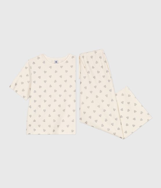Pigiama donna in cotone a maniche corte e gamba ampia con stampa a cuori ecru MILK/ ARGENT