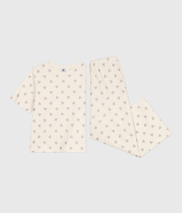 Pigiama donna in cotone a maniche corte e gamba ampia con stampa a cuori ecru/grigio