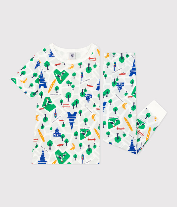 Pigiama bambino in cotone stampato Parigi bianco/multicolore