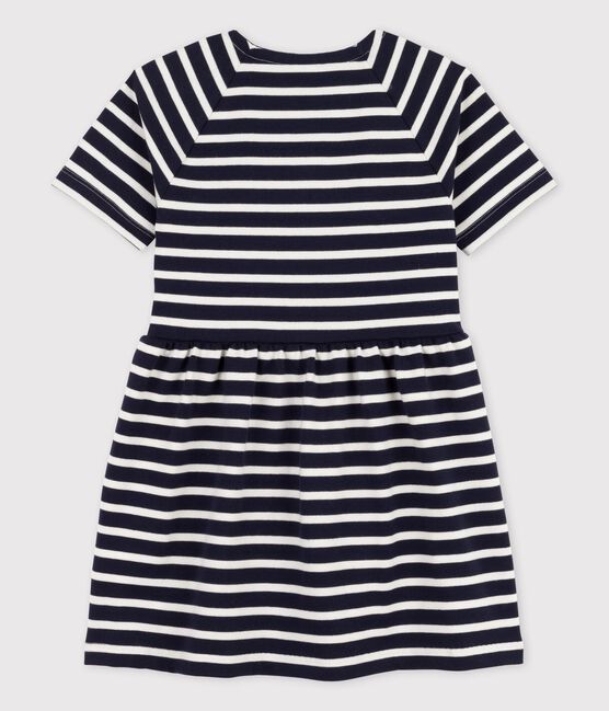 Abito bambina a maniche corte in cotone blu SMOKING/bianco MARSHMALLOW