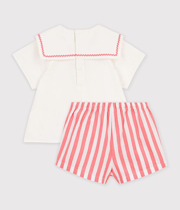 Completo neonato 2 pezzi in misto cotone/lino con top con colletto alla marinara rosa/bianco