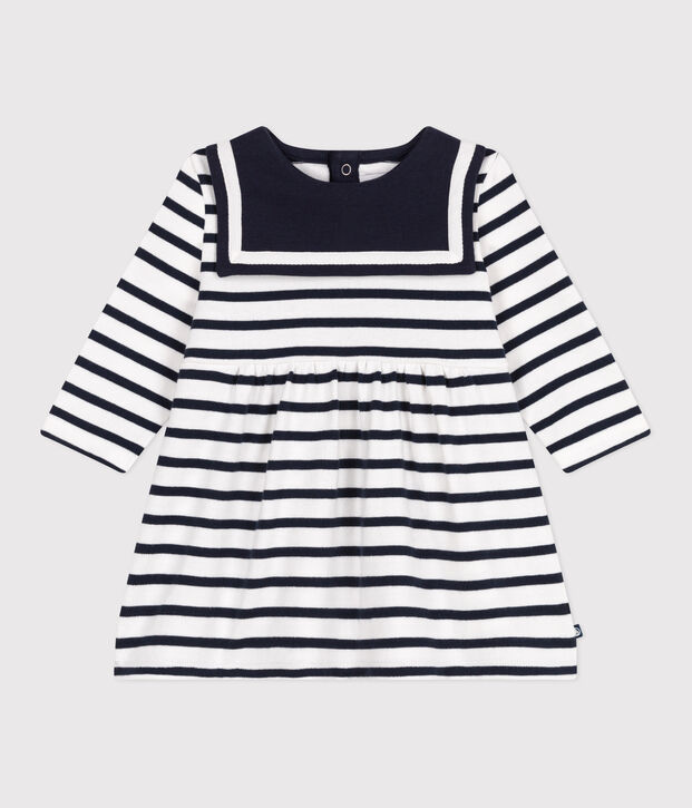Abito a maniche lunghe in cotone spesso a righe neonato bianco/blu
