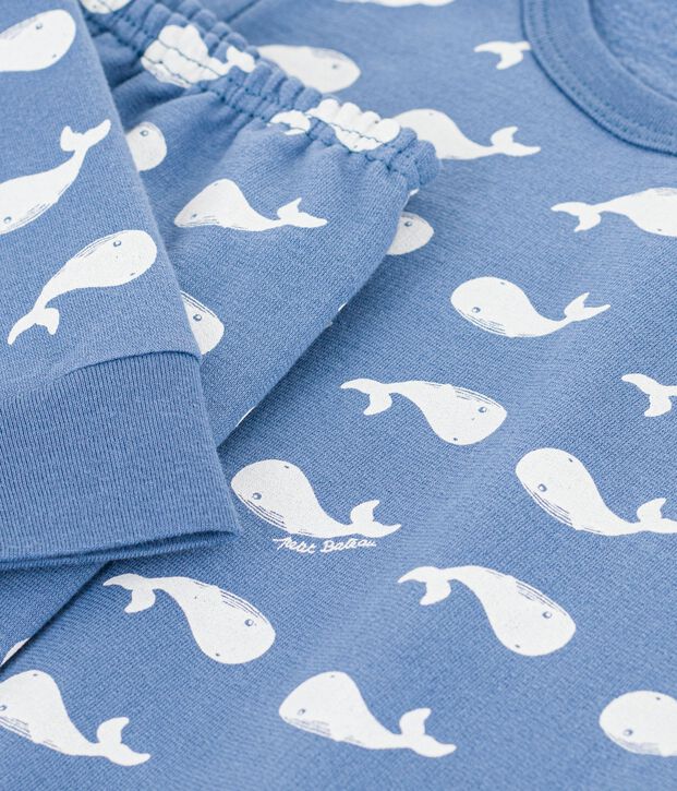 Pigiama in tessuto felpato con balene stampate bambino blu/bianco