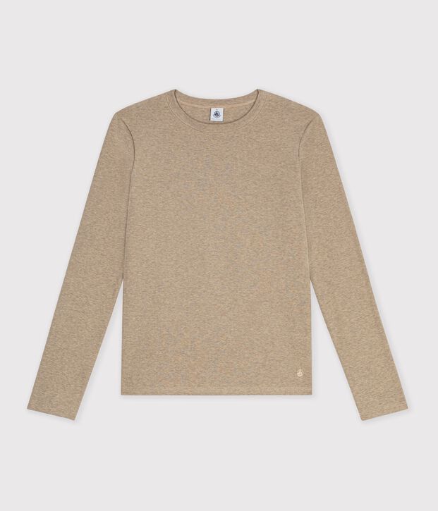 T-shirt a maniche lunghe in cotone tinta unita donna beige