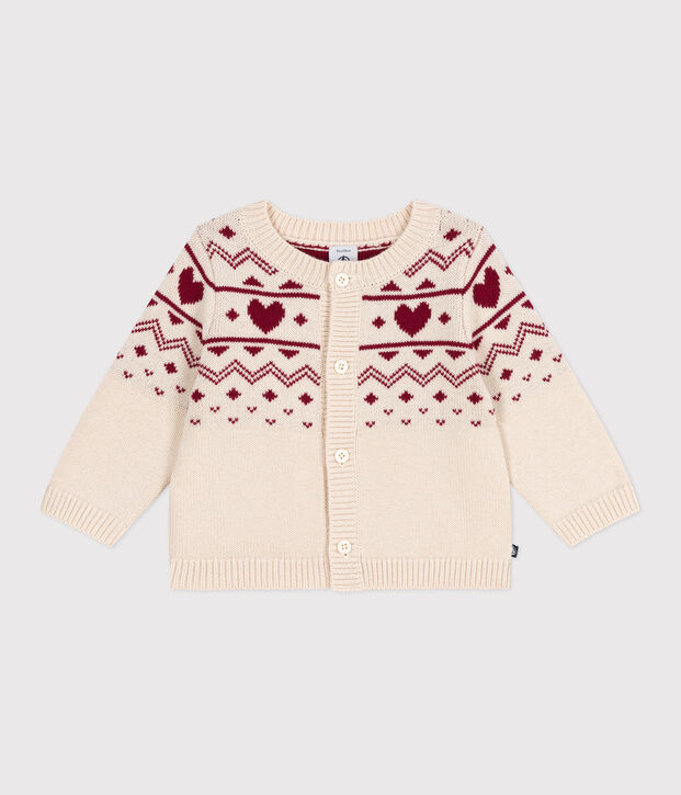 Cardigan in maglia di misto lana e cotone con motivo a cuori neonata ecru/rosso