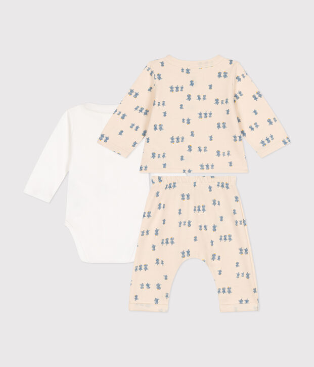 Set di 3 pezzi in tessuto felpato neonato ecru/multicolore