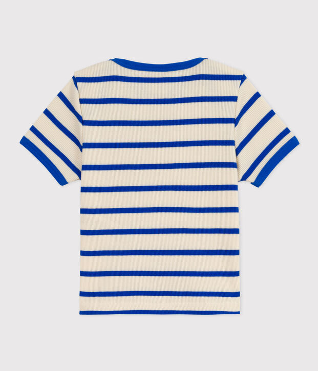 T-shirt a manica corta beb&egrave; in maglia a costine a righe ecru/blu
