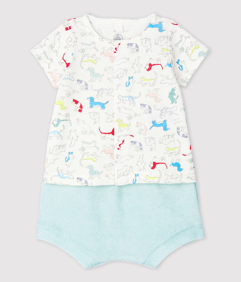 Completo 2 pezzi cuccioli colorati beb&egrave; in spugna bouclette di cotone biologico bianco MARSHMALLOW/bianco MULTICO