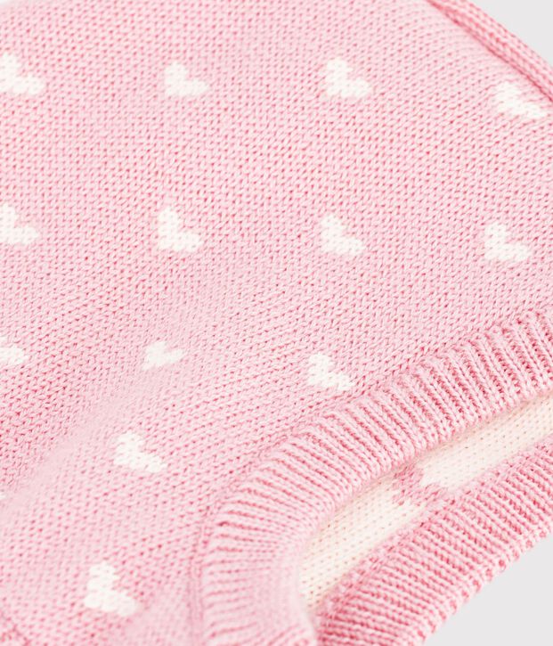 Passamontagna in misto lana e cotone con stampa a cuori neonata rosa/bianco