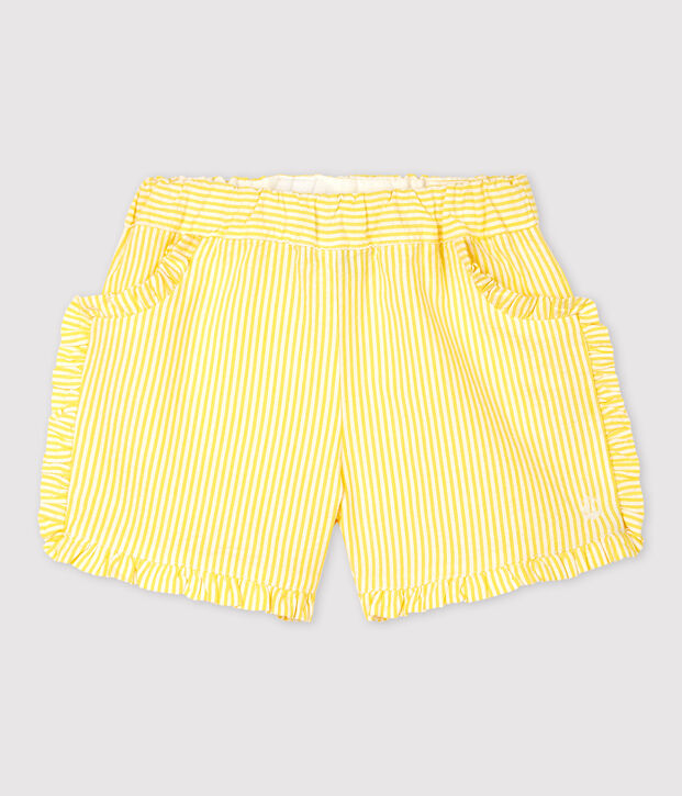 Short in seersucker (tessuto goffrato) beb&egrave; femmina giallo/bianco