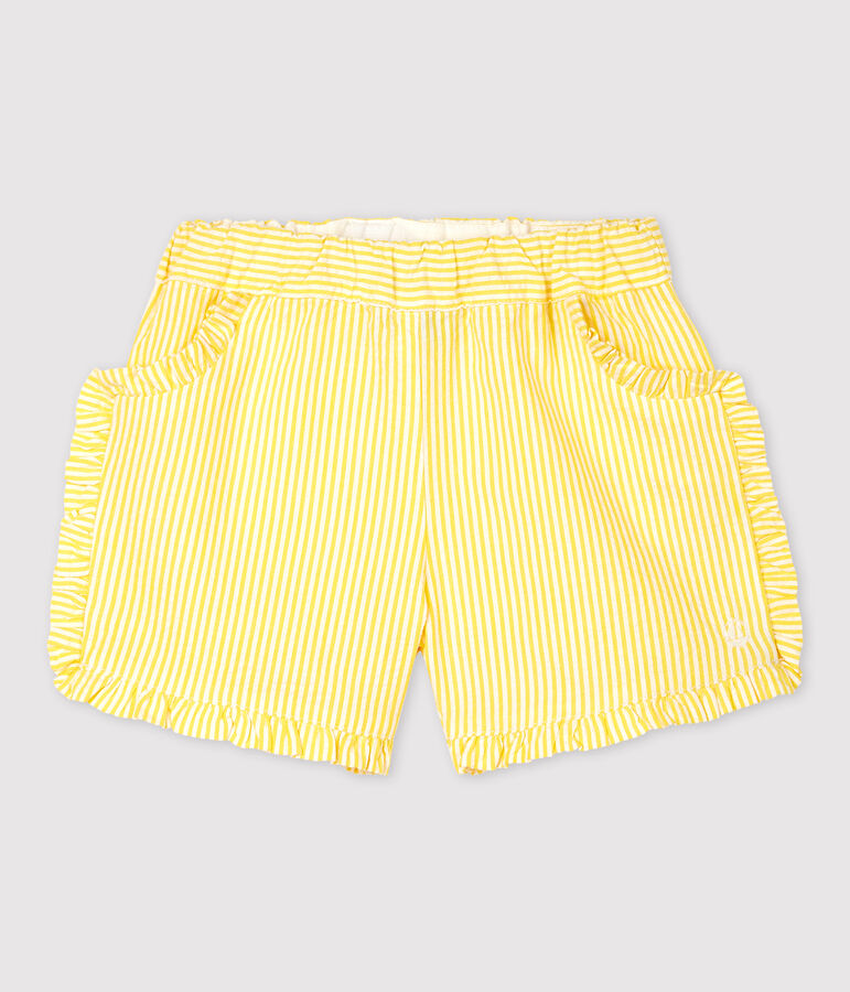 Short in seersucker (tessuto goffrato) beb&egrave; femmina giallo SHINE/bianco MARSHMALLOW