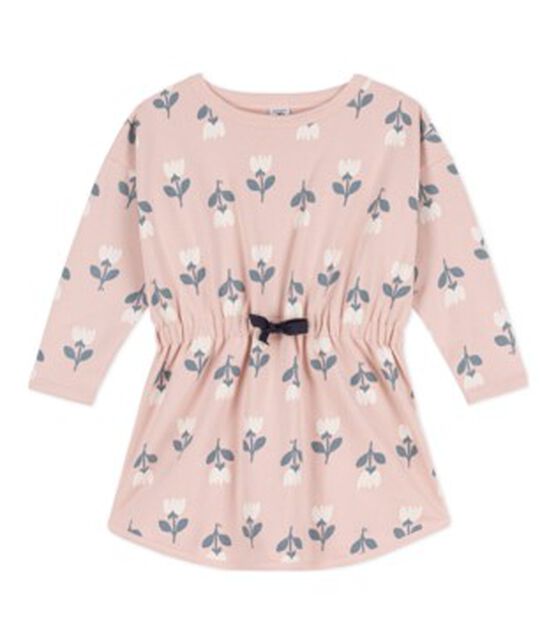 Abito bambina a maniche lunghe in tessuto felpato stampato rosa SALINE/bianco MULTICO