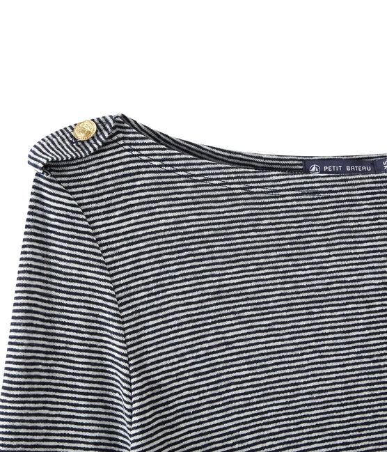 T-shirt donna a maniche lunghe in lino a righe blu SMOKING/bianco LAIT