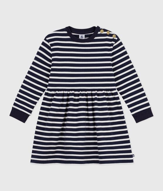 Abito a maniche lunghe in cotone bambina blu SMOKING/bianco MARSHMALLOW