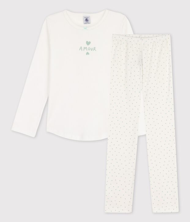 Pigiama cuoricini bambina in cotone bianco/verde
