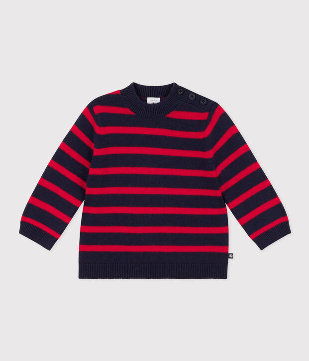 Maglione a righe marini&egrave;re, in lana e cotone per beb&egrave; blu/rosso