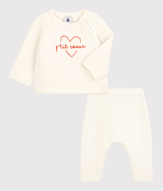 Completo 2 pezzi bebè in maglia di lana e cotone bianco MARSHMALLOW
