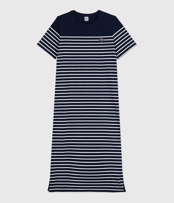 Abito lungo da donna in cotone a righe blu SMOKING/bianco MARSHMALLOW