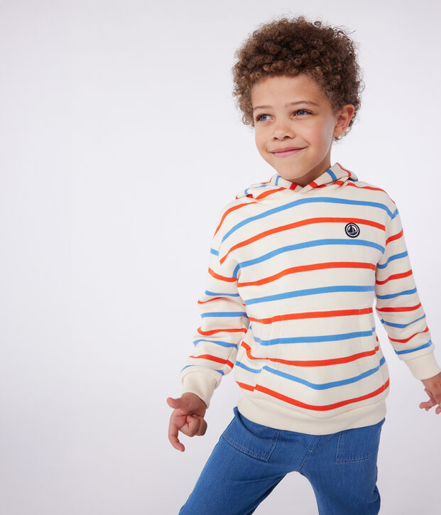 Felpa con cappuccio bambino unisex in cotone a righe ecru/multicolore