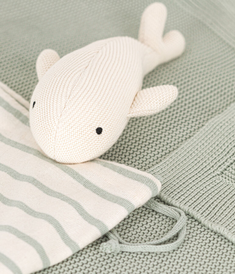Copertina e doudou in tricot per neonato verde/bianco