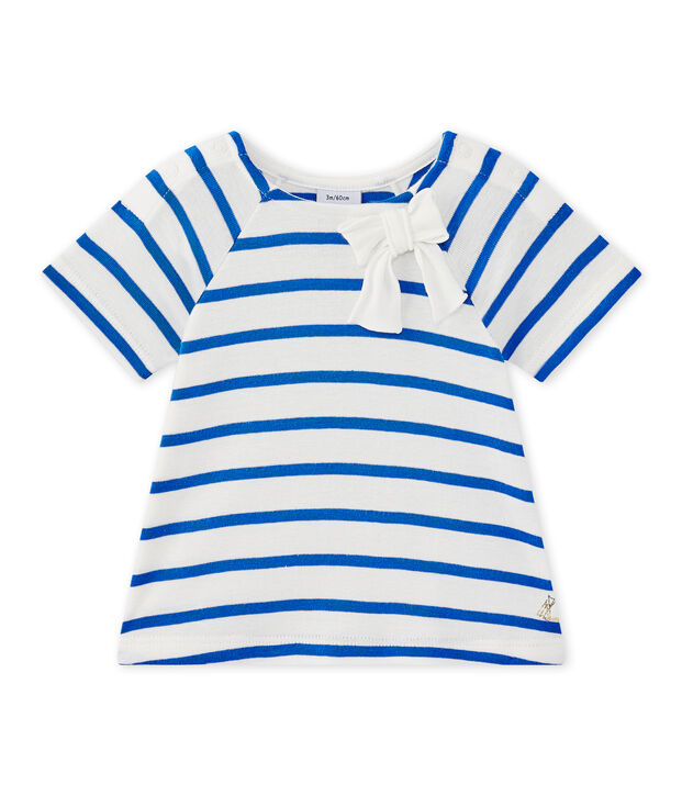 T-shirt beb&eacute; bambina maniche lunghe rigata bianco/blu