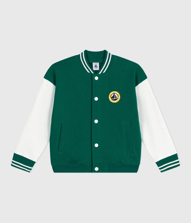 Giacca stile teddy bambino in cotone tinta unita verde/ecru