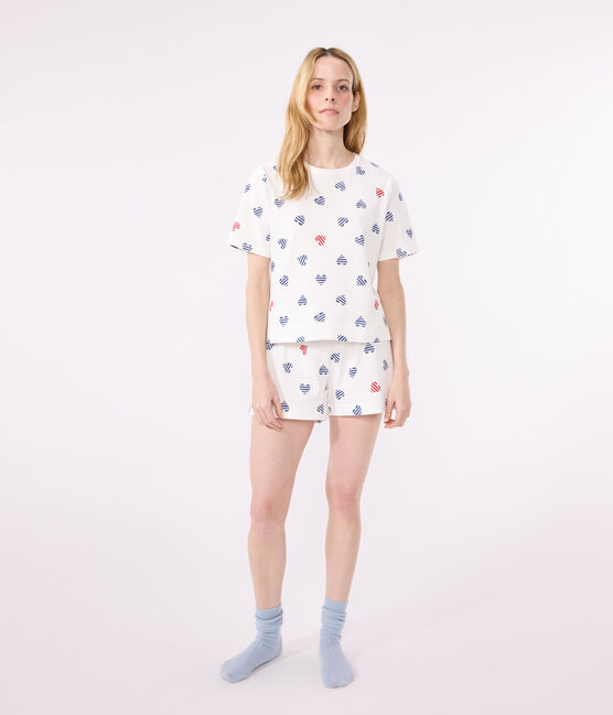 Pigiama corto in cotone con stampa a cuori donna bianco MARSHMALLOW/bianco MULTICO