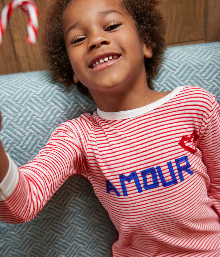 Pigiama bambino unisex in ciniglia a righe bianco/rosso