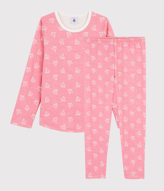 Pigiama jacquard gatti bambina in lana e cotone rosa CHEEK/bianco MARSHMALLOW