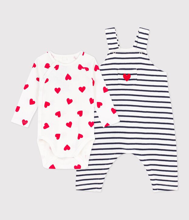 Set composto da salopette/body a righe e body con stampa a cuori neonato bianco/blu
