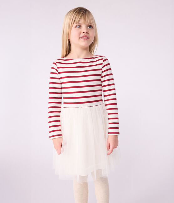 Abito a maniche lunghe in cotone e tulle bambina rosso MILK/ AMARANTE