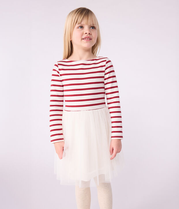 Abito a maniche lunghe in cotone e tulle bambina rosso/rosso