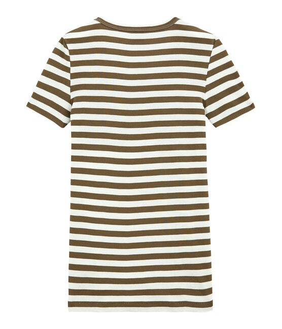 T-shirt donna scollo V in costina originale 1x1 rigata marrone SHITAKE/bianco MARSHMALLOW