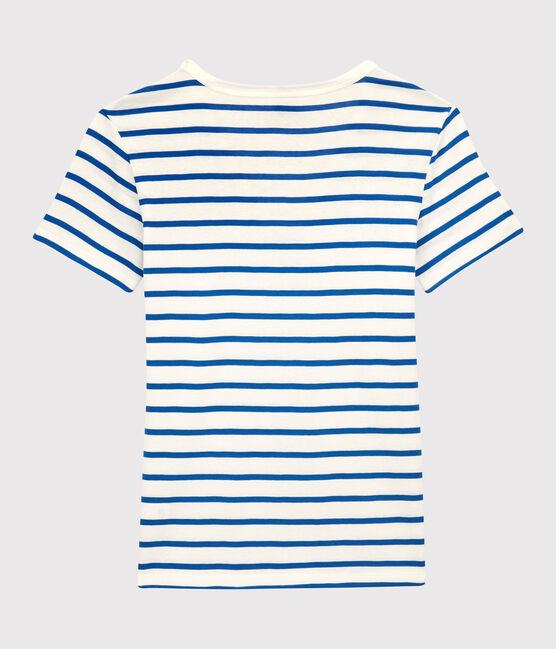 T-shirt L'ICONIQUE scollo a V in cotone bio donna bianco MARSHMALLOW/blu DELFT