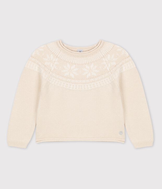 Pullover bambina in lana e cotone beige/bianco