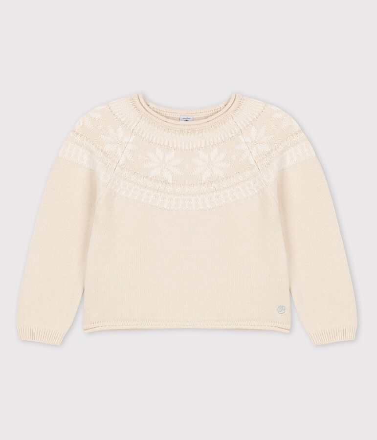 Pullover bambina in lana e cotone beige/bianco