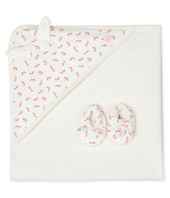 Cofanetto asciugamano quadrato da bagno e babbucce bebè in spugna e a costine bianco MARSHMALLOW/rosa GROSEILLER